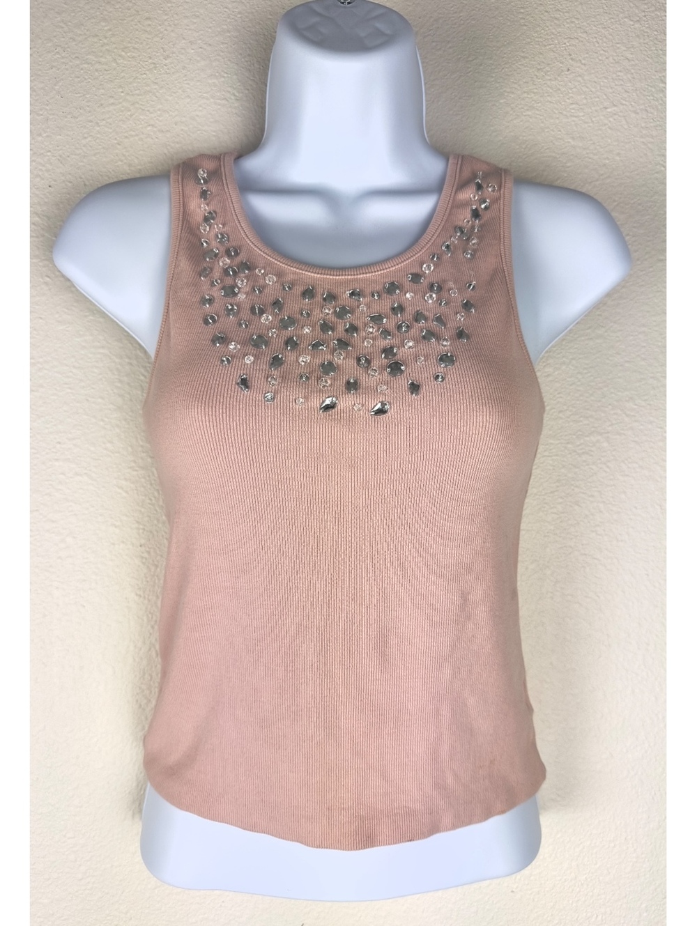 L/C Lisette Collection Pink Rhinestone Ribbed Tank Top Y2K Glam Size M NWT